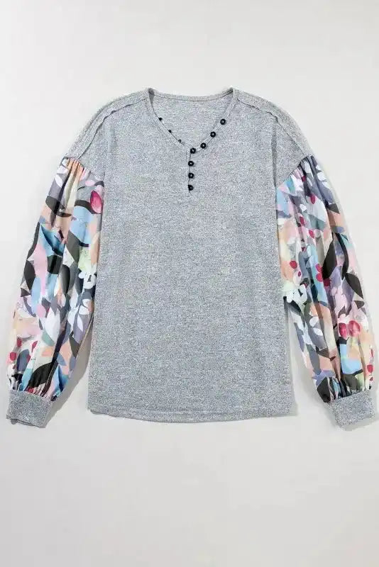 Floral-Sleeves Buttoned V-Neck Top - Gray