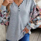 Floral-Sleeves Buttoned V-Neck Top - Gray