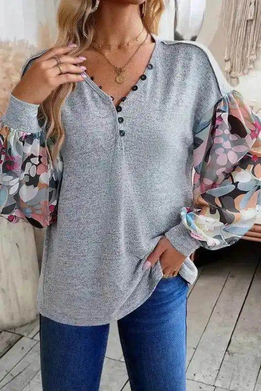 Floral-Sleeves Buttoned V-Neck Top - Gray