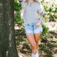 Floral-Sleeves Buttoned V-Neck Top - Gray