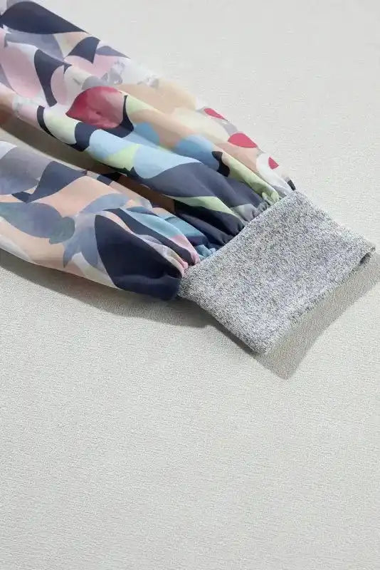 Floral-Sleeves Buttoned V-Neck Top - Gray