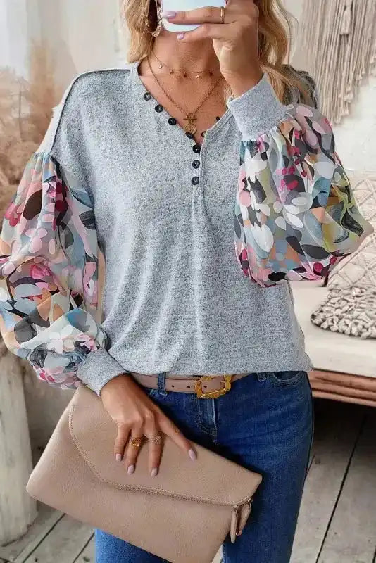 Floral-Sleeves Buttoned V-Neck Top - Gray