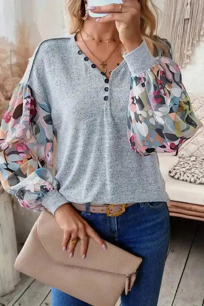 Floral-Sleeves Buttoned V-Neck Top - Gray