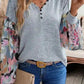 Floral-Sleeves Buttoned V-Neck Top - Gray