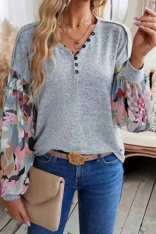 Floral-Sleeves Buttoned V-Neck Top - Gray