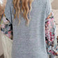 Floral-Sleeves Buttoned V-Neck Top - Gray
