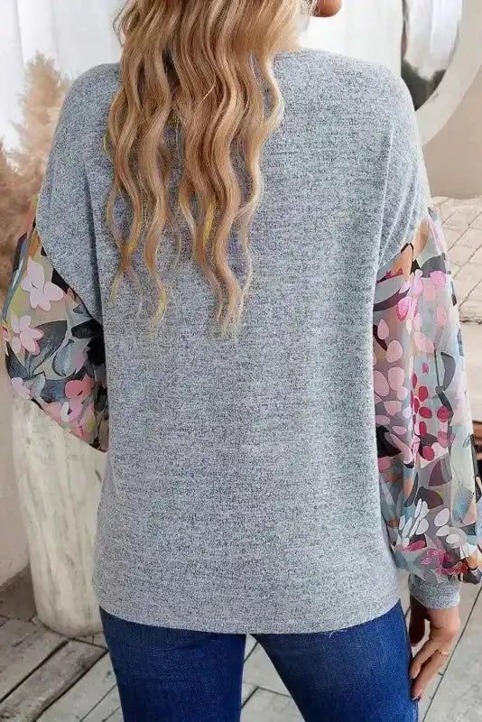 Floral-Sleeves Buttoned V-Neck Top - Gray