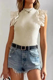 Flutter Sleeve High Neck Ribbed Blouse