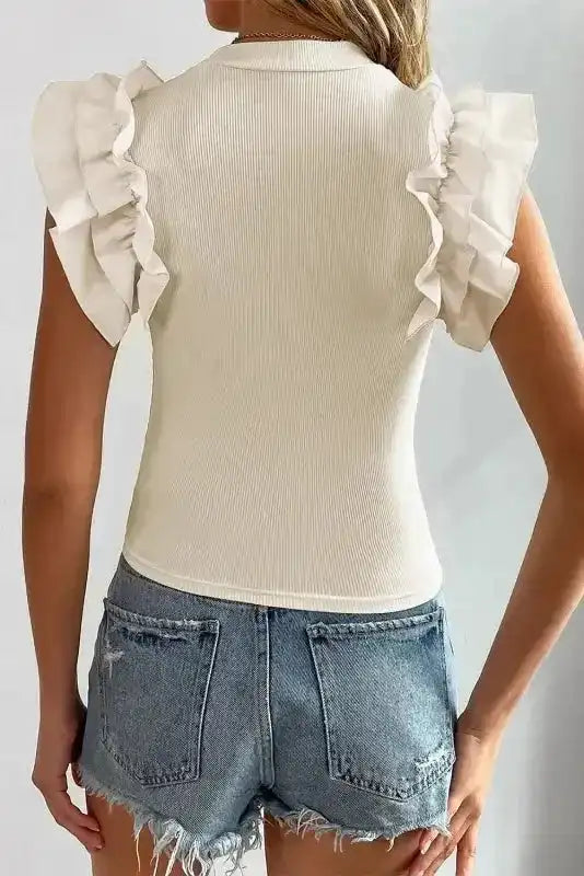 Flutter Sleeve High Neck Ribbed Blouse