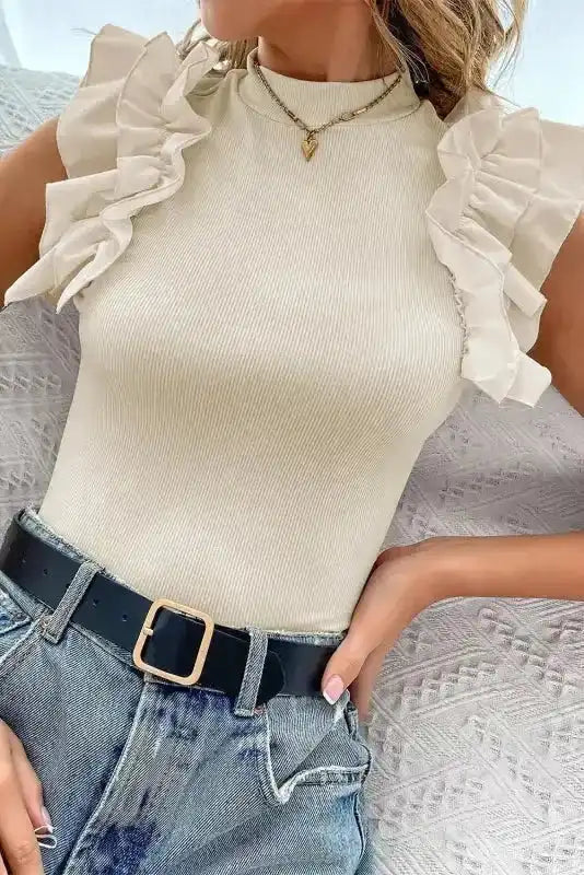 Flutter Sleeve High Neck Ribbed Blouse