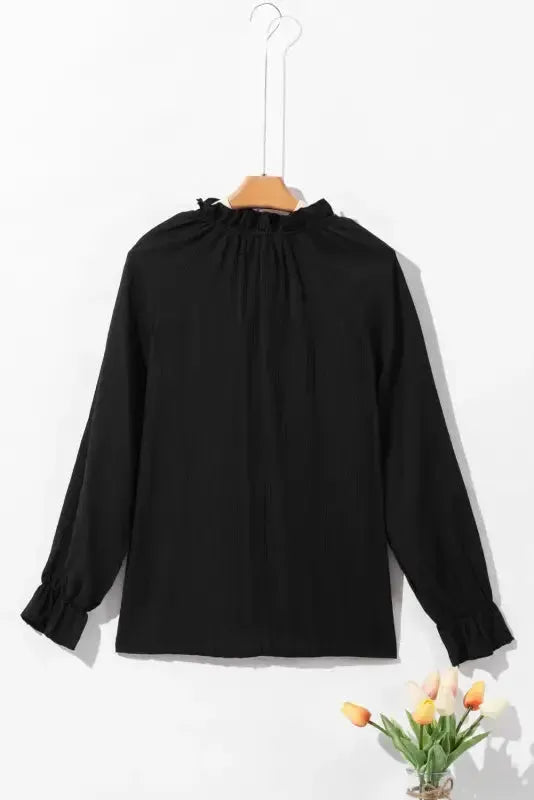 Frilled Mock Neck Ripple Bubble Sleeve Blouse