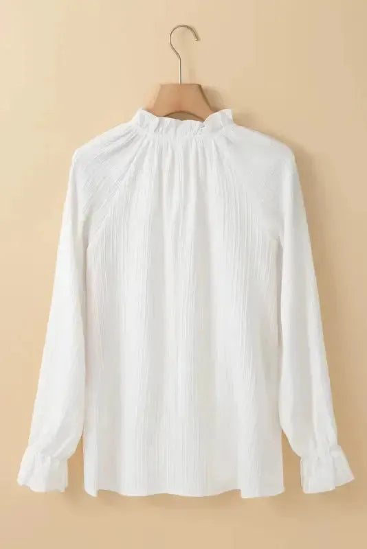 Frilled Mock Neck Ripple Bubble Sleeve Blouse