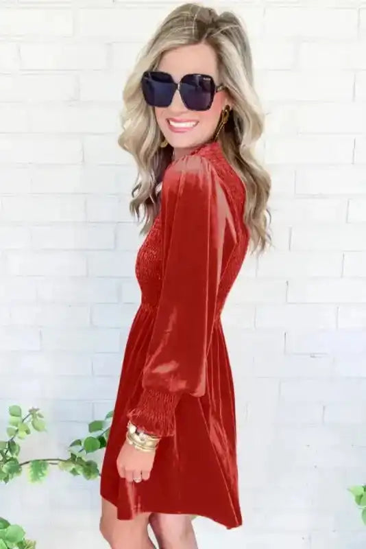 Frilled Neck Smocked Bodice Velvet Dress