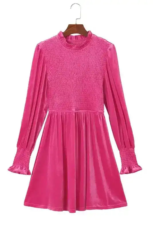 Frilled Neck Smocked Bodice Velvet Dress