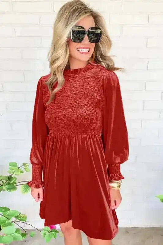 Frilled Neck Smocked Bodice Velvet Dress