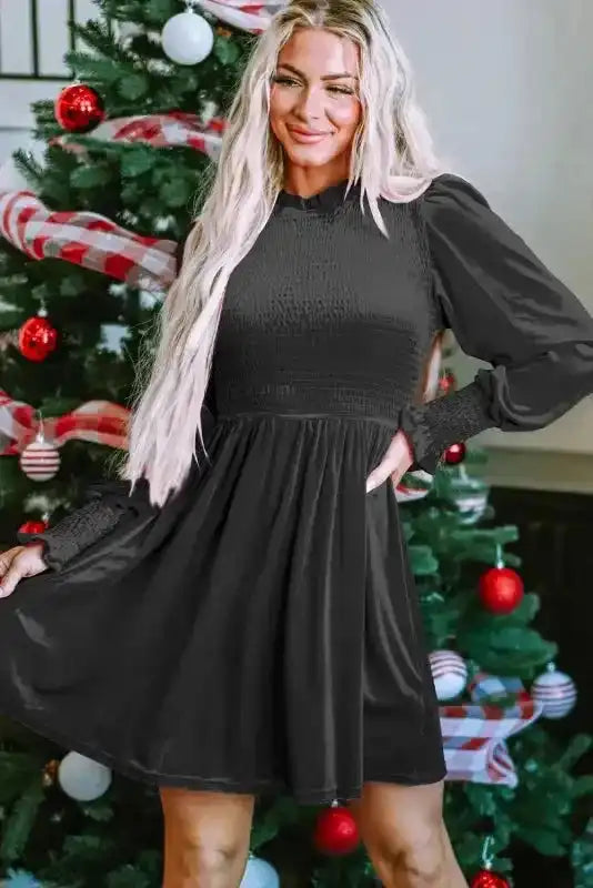 Frilled Neck Smocked Bodice Velvet Dress