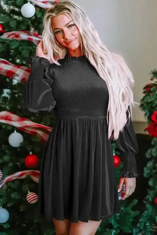 Frilled Neck Smocked Bodice Velvet Dress