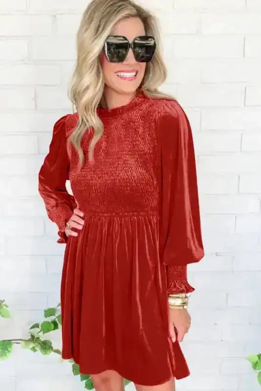 Frilled Neck Smocked Bodice Velvet Dress