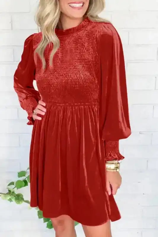 Frilled Neck Smocked Bodice Velvet Dress