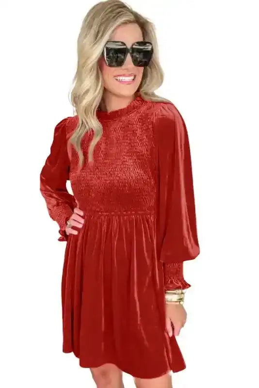Frilled Neck Smocked Bodice Velvet Dress