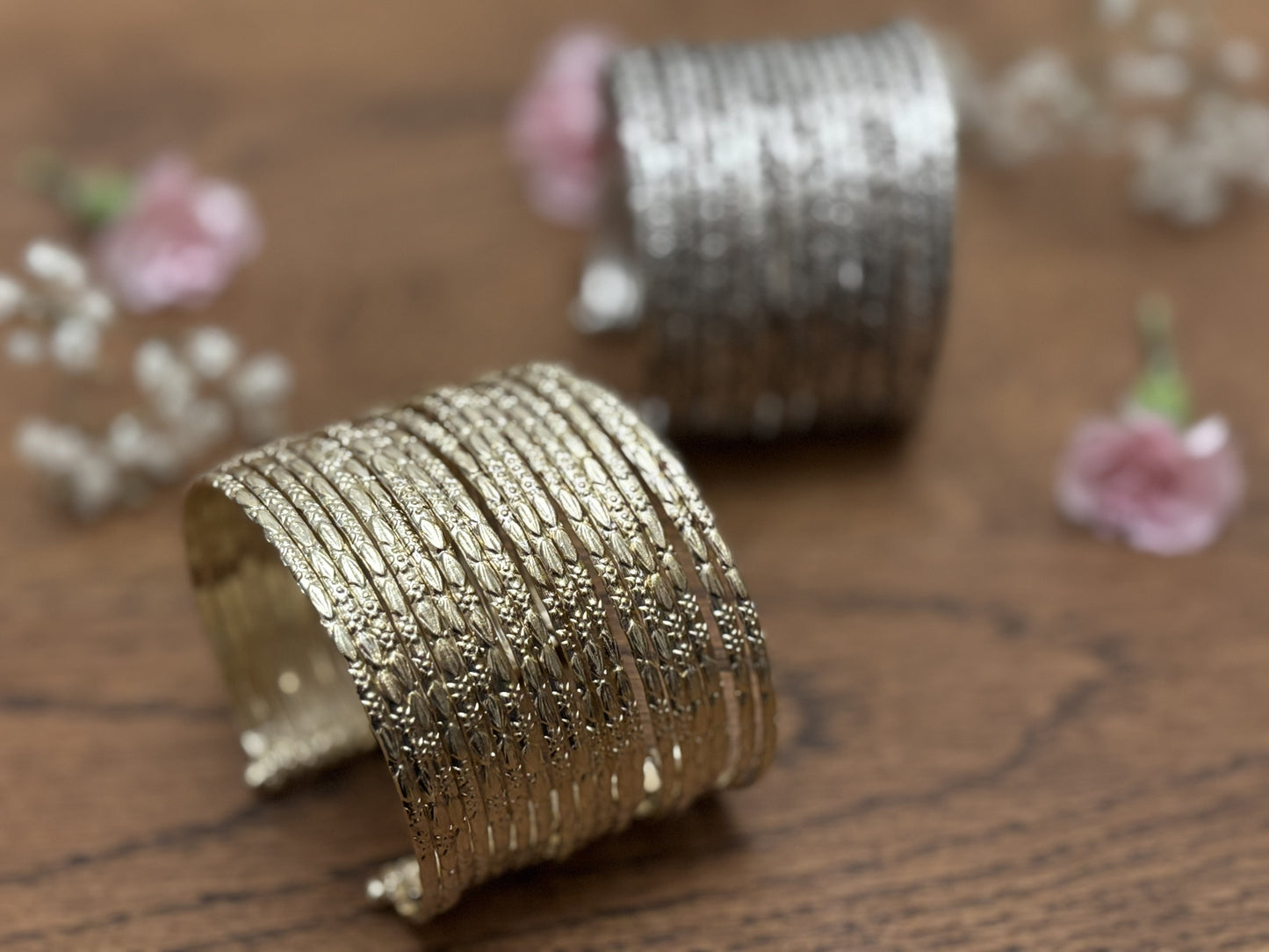 Hammered Gold/Sliver Finish Stack Cuff – Adjustable Brass Bangles Set.