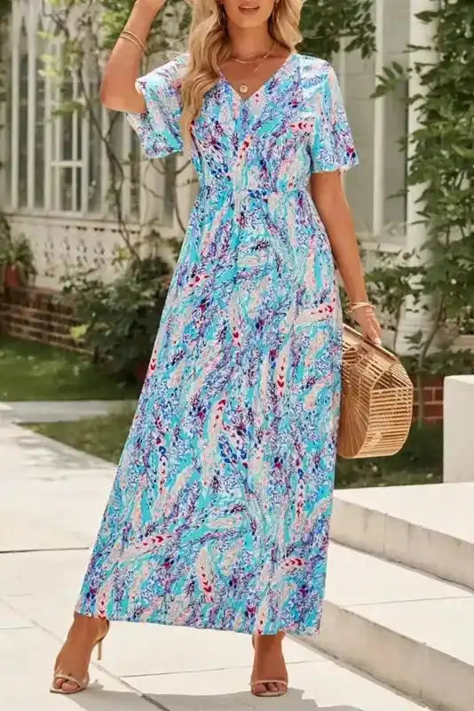 Floral Maxi Dress with V Neck - Green Wrap Style