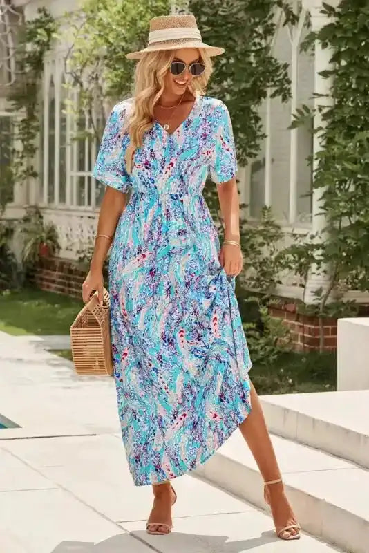 Floral Maxi Dress with V Neck - Green Wrap Style