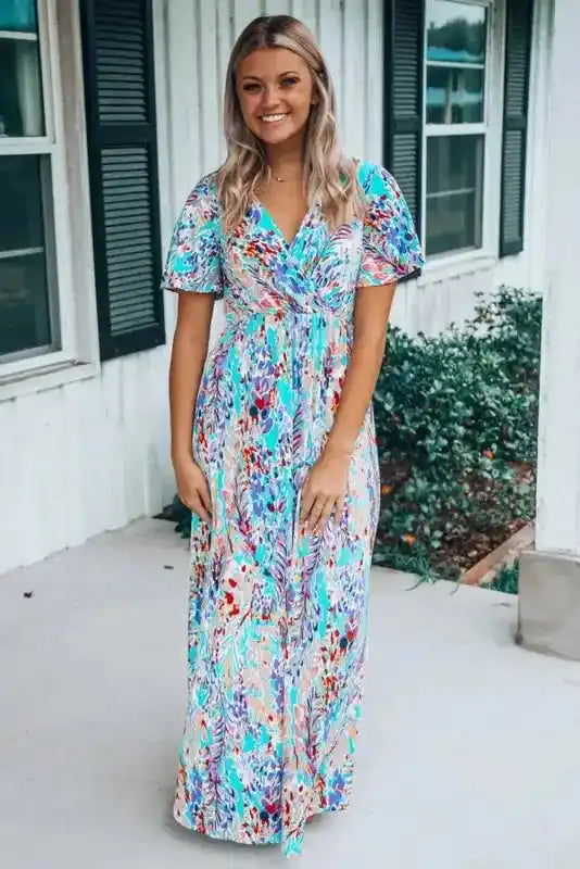 Floral Maxi Dress with V Neck - Green Wrap Style