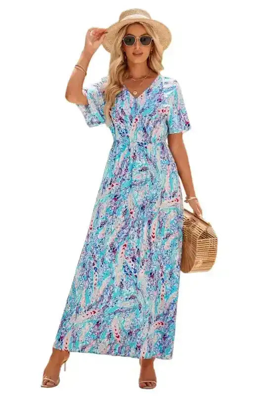 Floral Maxi Dress with V Neck - Green Wrap Style