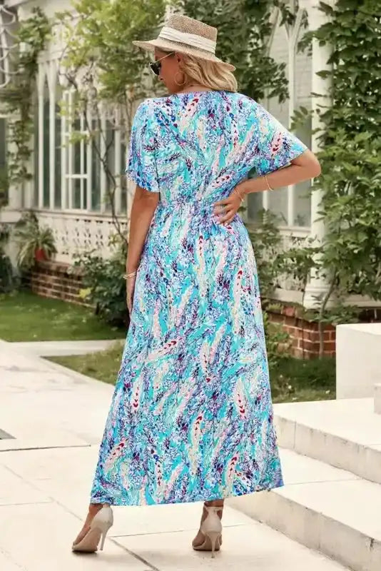 Floral Maxi Dress with V Neck - Green Wrap Style