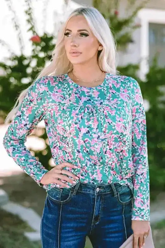 Floral Maxi Dress with V Neck - Green Wrap Style