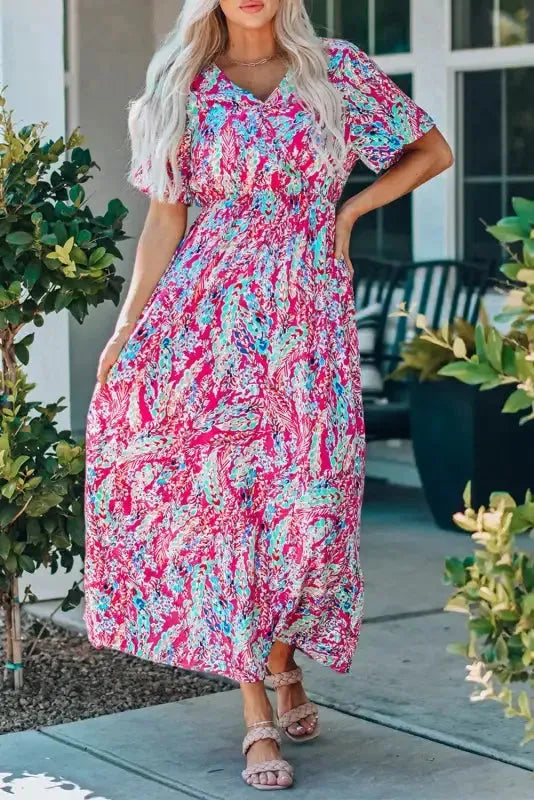 Floral Maxi Dress with V Neck - Green Wrap Style