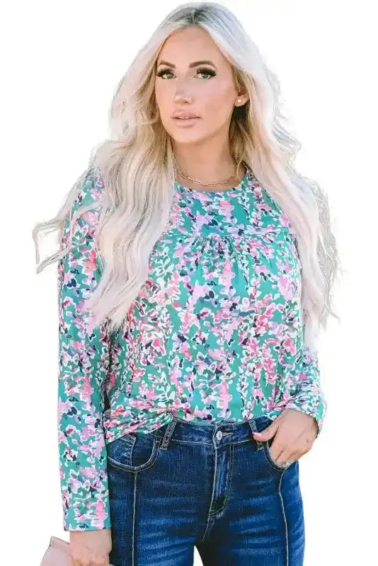 Floral Maxi Dress with V Neck - Green Wrap Style