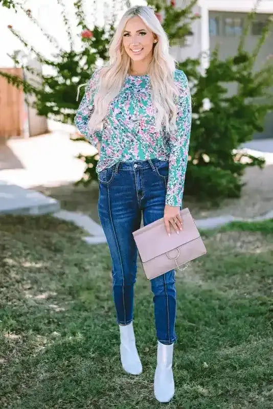 Floral Maxi Dress with V Neck - Green Wrap Style