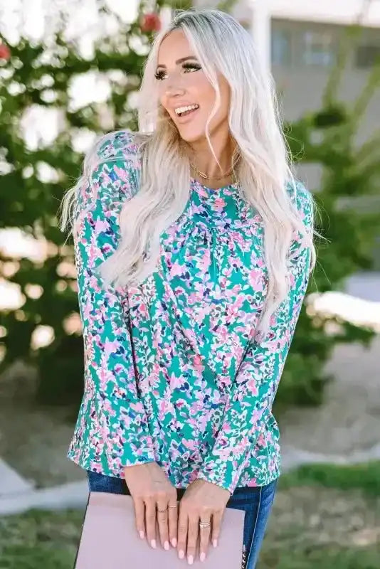 Floral Maxi Dress with V Neck - Green Wrap Style