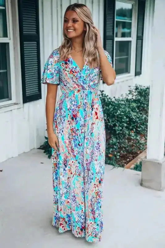 Floral Maxi Dress with V Neck - Green Wrap Style