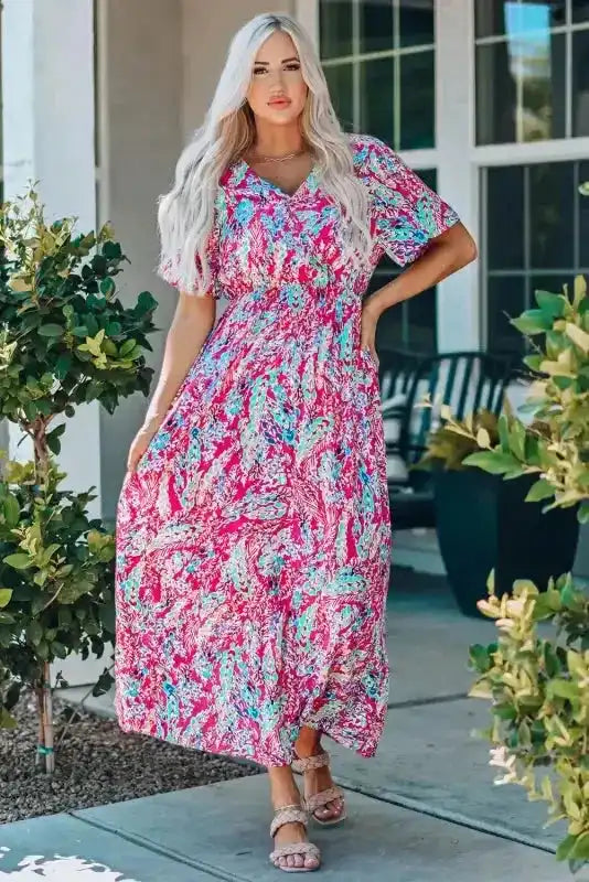 Floral Maxi Dress with V Neck - Green Wrap Style