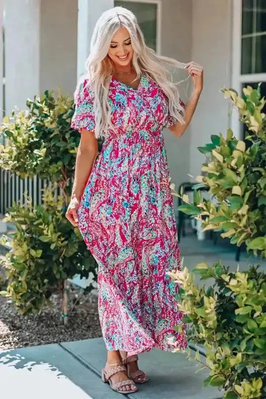 Floral Maxi Dress with V Neck - Green Wrap Style