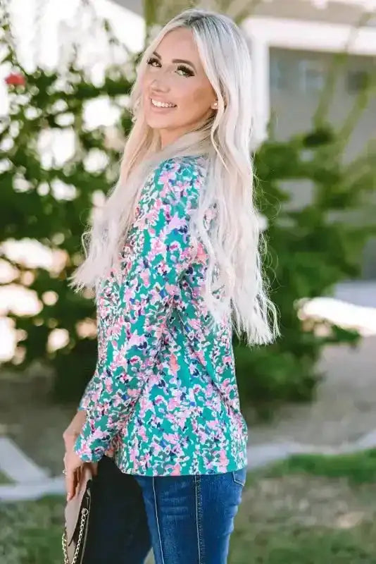 Floral Maxi Dress with V Neck - Green Wrap Style