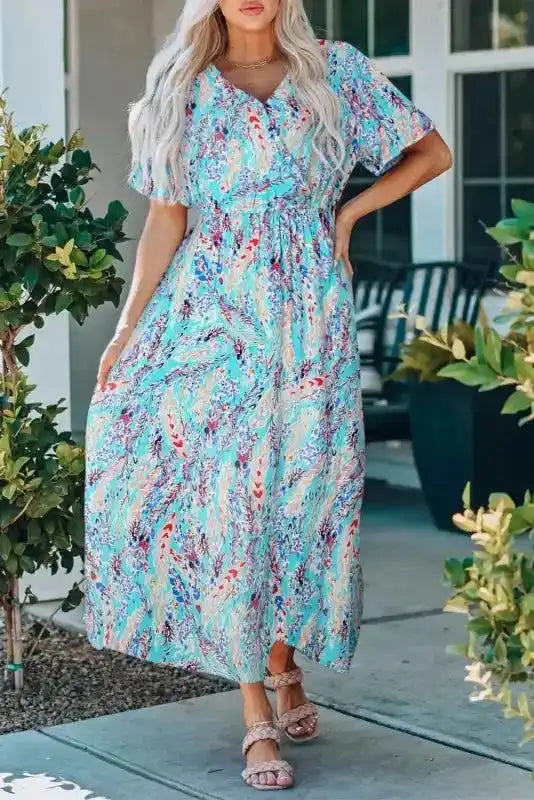 Floral Maxi Dress with V Neck - Green Wrap Style