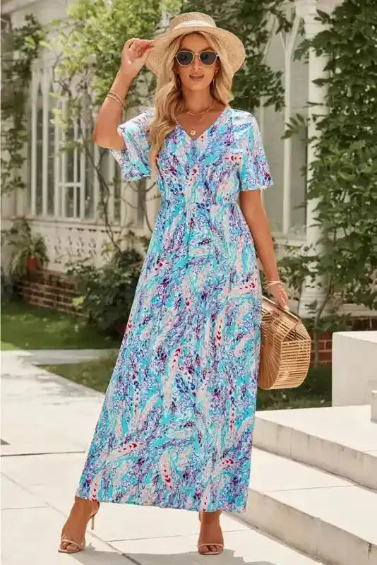 Floral Maxi Dress with V Neck - Green Wrap Style
