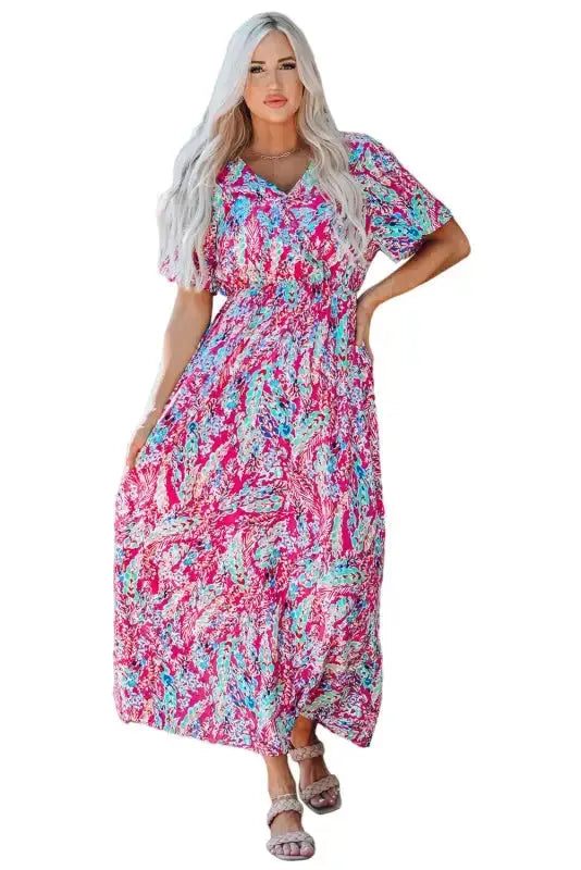 Floral Maxi Dress with V Neck - Green Wrap Style