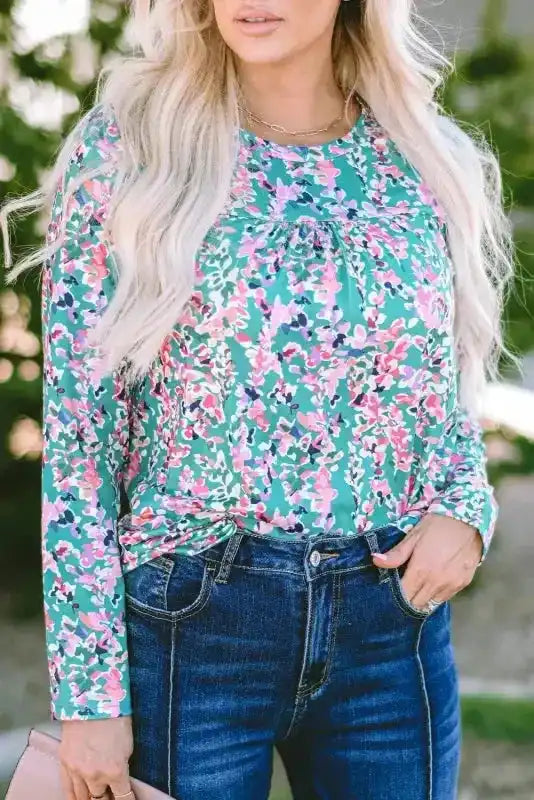 Floral Maxi Dress with V Neck - Green Wrap Style