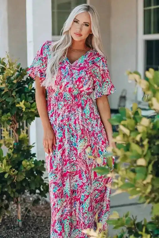Floral Maxi Dress with V Neck - Green Wrap Style