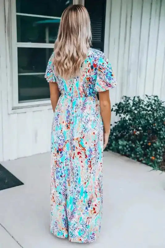 Floral Maxi Dress with V Neck - Green Wrap Style