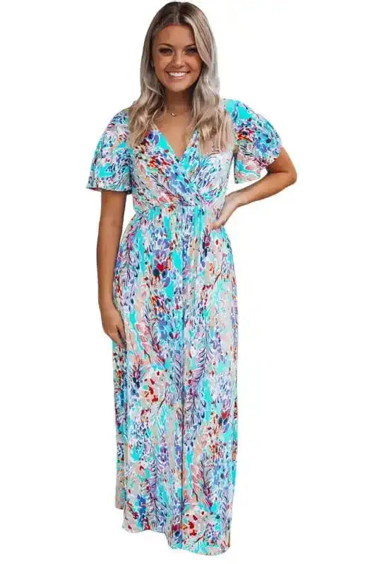 Floral Maxi Dress with V Neck - Green Wrap Style