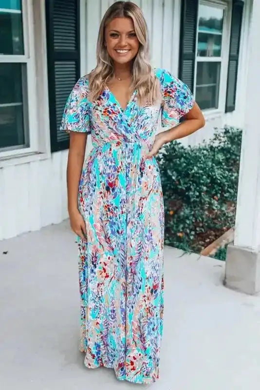Floral Maxi Dress with V Neck - Green Wrap Style