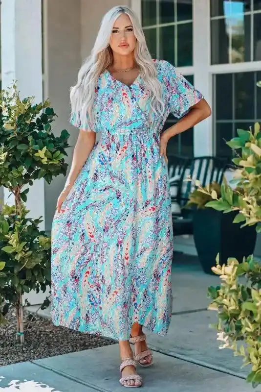 Floral Maxi Dress with V Neck - Green Wrap Style