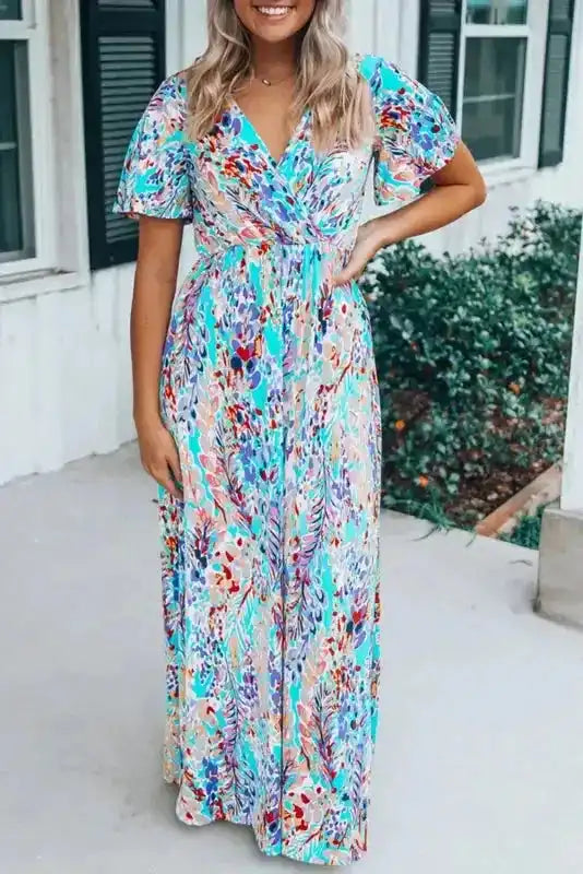 Floral Maxi Dress with V Neck - Green Wrap Style