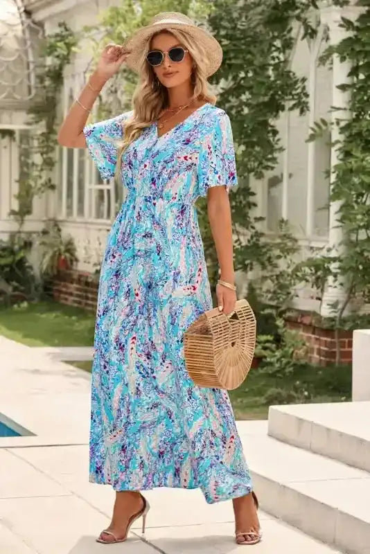 Floral Maxi Dress with V Neck - Green Wrap Style